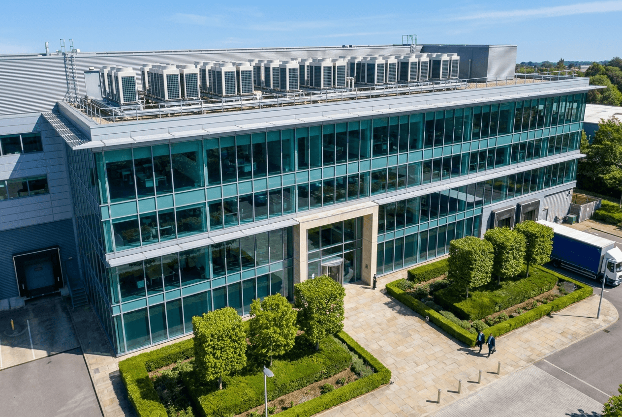 UK commercial building with rooftop mechanical plant maintained by Rossair