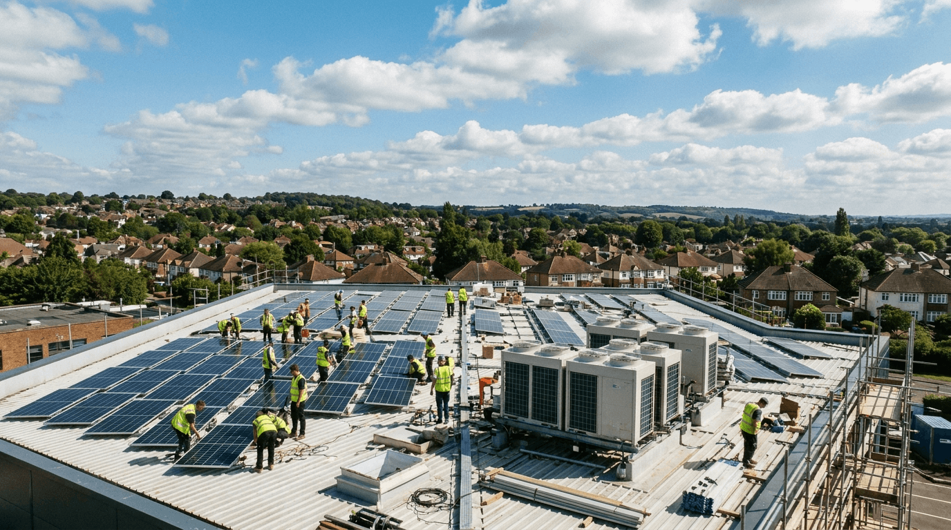 Rossair engineers installing rooftop solar PV on a UK commercial building